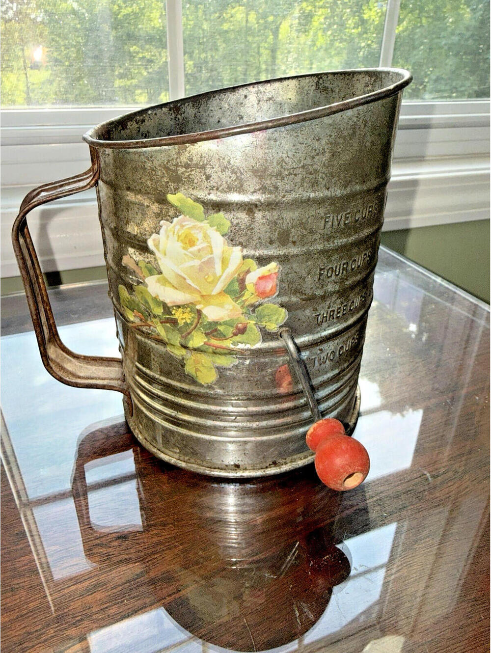 vintage inspired, shabby chic, cottage core, floral flour sifter/home decor